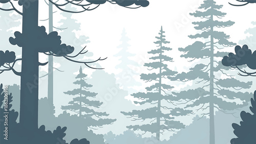 Modern vector watercolor-style forest wallpaper with tall pine trees, soft foliage layers, and open sky, calm woodland nature background ideal for wallpaper, textiles, and interior decor