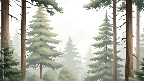 Modern vector watercolor-style forest wallpaper with tall pine trees, soft foliage layers, and open sky, calm woodland nature background ideal for wallpaper, textiles, and interior decor