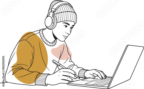 Minimal Line Art Remote Work Illustration of Freelancer Lifestyle. Generative Ai