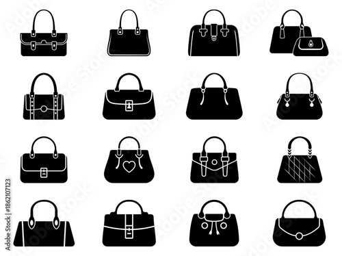 Women handbag and purse silhouette icon set showing different bag styles, fashion accessories, shoulder bag, tote bag, clutch and luxury handbag shapes for ecommerce and design use.