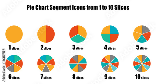 Pie chart segments showing 1 to 10 slices in a clean infographic style. Useful for data visualization, statistics, analytics, business reports, presentations, and dashboard graphics.