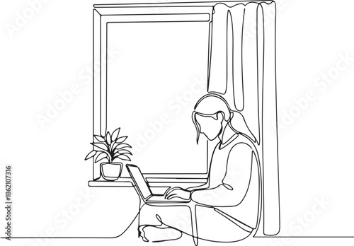 Minimal Line Art Remote Work Illustration of Freelancer Lifestyle. Generative Ai