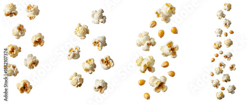 Falling popcorn and corn kernels set PNG. Collection of flying salty snack pieces. Cinema food explosion elements for movie night design PNG. Popcorn and corn kernels flying isolated
