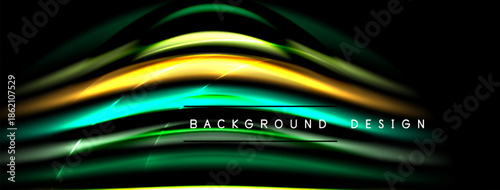 Abstract flowing lines create vibrant wave pattern. Dark background emphasizes bright colors, modern design element.