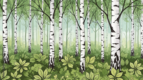 Modern vector watercolor-style forest wallpaper with birch trees and leafy undergrowth in repeating layout, serene woodland nature background ideal for decor and textile use