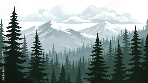 Modern vector watercolor-style nature wallpaper showing evergreen forest with distant mountains and clouds, peaceful outdoor landscape background for wallpaper and branding projects