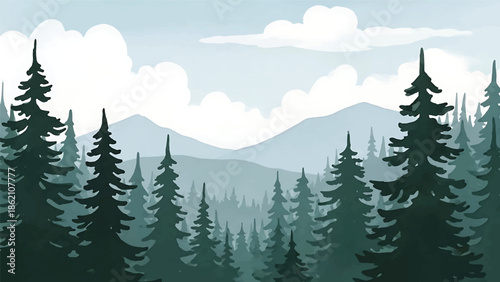 Modern vector watercolor-style nature wallpaper showing evergreen forest with distant mountains and clouds, peaceful outdoor landscape background for wallpaper and branding projects