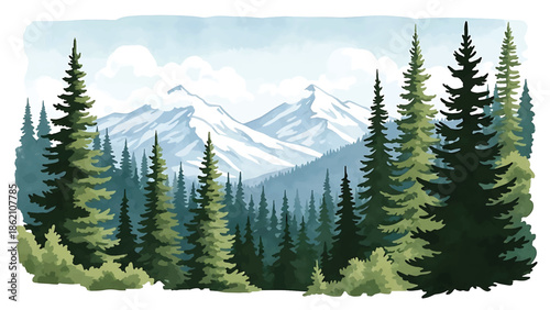 Modern vector watercolor-style nature wallpaper showing evergreen forest with distant mountains and clouds, peaceful outdoor landscape background for wallpaper and branding projects