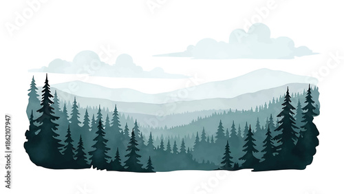Modern vector watercolor-style nature wallpaper showing evergreen forest with distant mountains and clouds, peaceful outdoor landscape background for wallpaper and branding projects