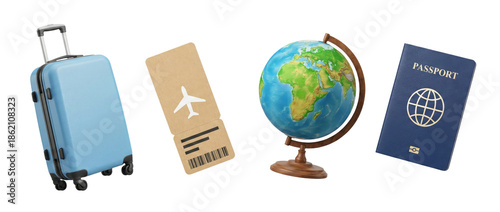 Travel essentials: suitcase, airplane ticket, globe, and passport isolated on white background.