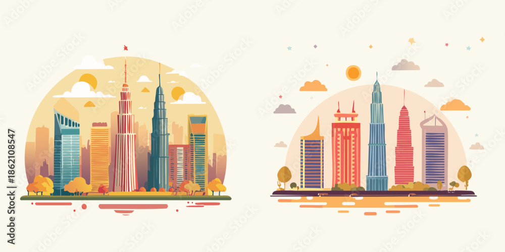 Fototapeta premium A colorful vector illustration set of Malysia Kuala Lumpur Cityscape