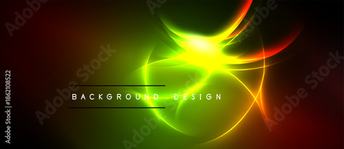 Bright abstract design features vibrant green, yellow, red glows. Dynamic energy radiates from central point, dark background contrasts illumination.