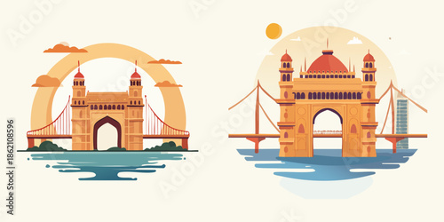 Vector illustration of the Taj Mahal in Agra India at sunset with iconic architecture and landmark design