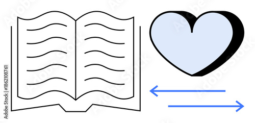 Education, emotional connection, learning, communication, reading, exchange. Open book and heart icon with arrows. Education and emotional connection concept