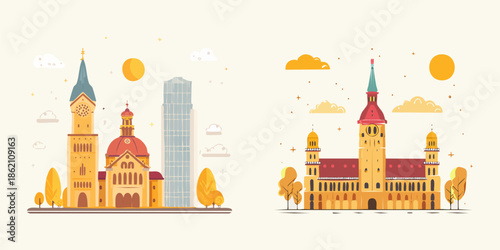 Vector illustration of a Munich germany European city with a fairy tale castle and iconic architecture