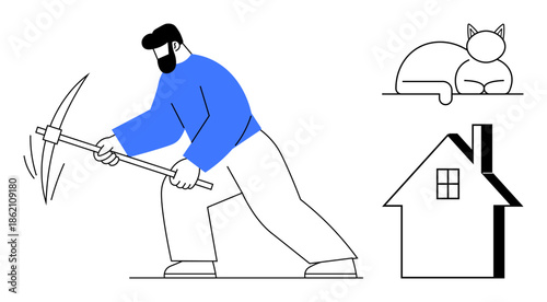 Mining industry, labor, pet care, housing, minimalism, economy. A bearded man swings a pickaxe, a cat rests and a basic house design. Mining industry and labor concept