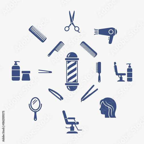 A collection of flat icons for hair care and grooming focuses on simplicity, elegance, and ease of recognition.