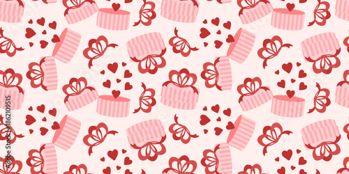 Seamless Valentines Day pattern with pink striped gift boxes, bows and red hearts. Perfect for wrapping paper, textile prints, packaging, stationery and romantic holiday designs