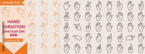 Hand line icons set. Set outline icons including handshake, fingers, thumb up, ok, support, like, point, touch, pray and more. Vector illustration.