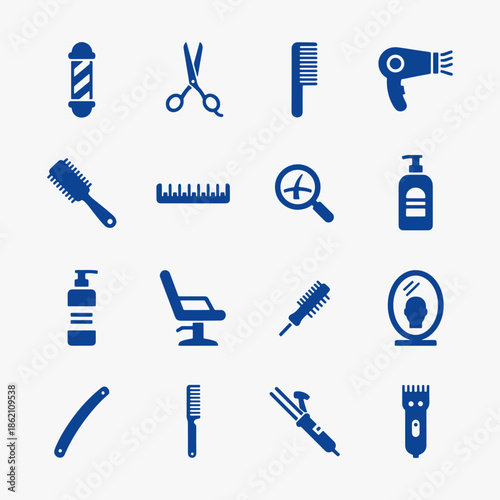 A collection of flat icons for hair care and grooming focuses on simplicity, elegance, and ease of recognition.