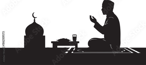 Silhouette of a Muslim man praying on a mat with mosque and dates for iftar isolated on white background