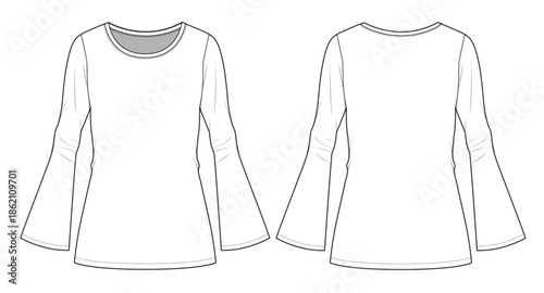 Bell sleeve t shirt for women technical flat drawing vector mockup template.