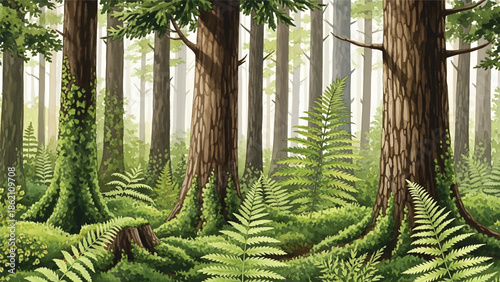 Modern vector watercolor-style seamless forest wallpaper with tall trees, ferns, and moss, lush botanical nature background ideal for wallpaper and fabric applications