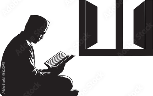 Silhouette of a Muslim man reading the Holy Quran by a window isolated on white background