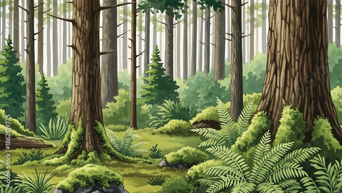 Modern vector watercolor-style seamless forest wallpaper with tall trees, ferns, and moss, lush botanical nature background ideal for wallpaper and fabric applications