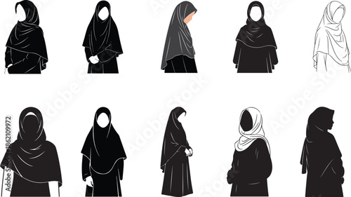 Set of Muslim woman silhouettes wearing hijab and abaya in various poses isolated on white background