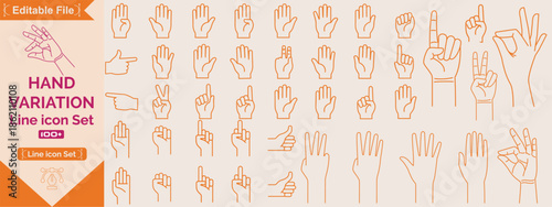 Hand line icons set. Set outline icons including handshake, fingers, thumb up, ok, support, like, point, touch, pray and more. Vector illustration.