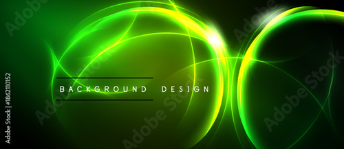 Bright green neon lines form abstract circles, curves. Dark background enhances glowing effect. Text reads background design.