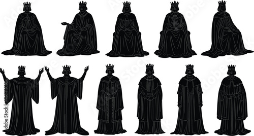 Medieval royal king silhouettes set, crowned monarch figures in robes, gothic historical rulers collection isolated on white background illustration vector
