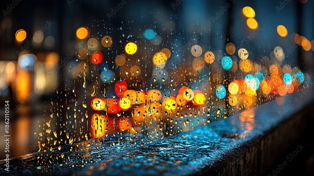 Fototapeta premium Cinematic Blue and Gold Cityscape Texture: Abstract Rainy Window View for Corporate Background