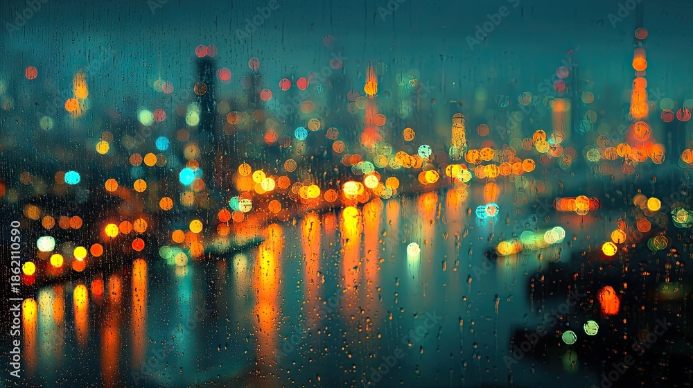 Fototapeta premium Reflective Business Mood: Blurred Skyscraper Lights Seen Through Condensation on Glass