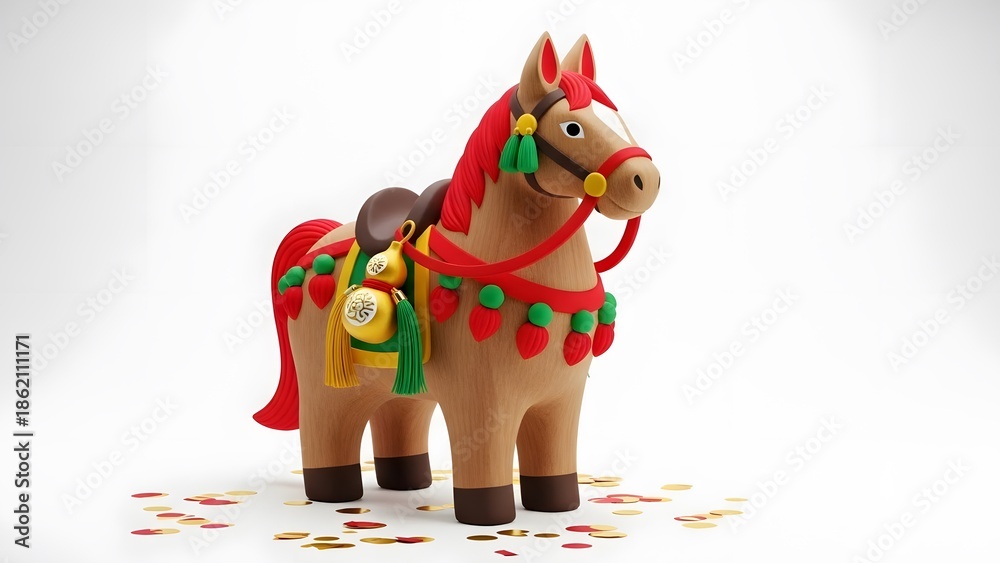 Fototapeta premium Cute Wood Horse Zodiac Figure for Lunar New Year Celebration 3D