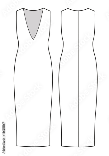 Shift v neck dress vector design technical flat drawing by adobe illustrator.