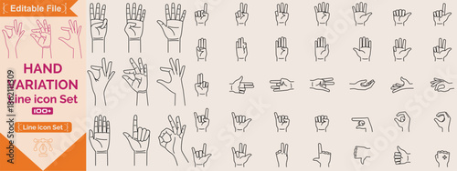 Hand line icons set. Set  outline icons including handshake, fingers, thumb up, ok, support, like, point, touch, pray and more. Vector illustration.