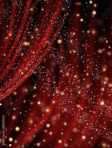 Velvet Curtain and Sparkling Lights: A captivating close-up of luxurious red velvet curtains gracefully draped, adorned with a sprinkling of twinkling lights.