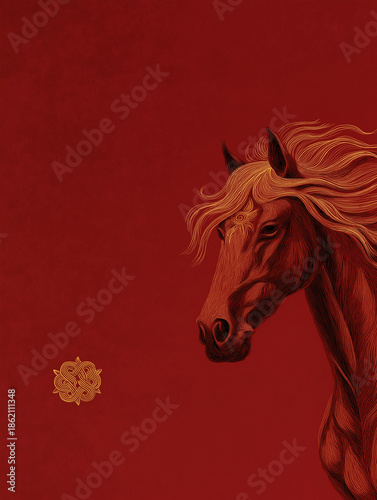 Red Horse Art: A majestic horse with flowing mane, rendered in striking red, gazes with regal poise as a mysterious emblem floats nearby, evoking the strength and mystique.