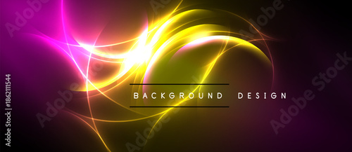 Abstract vibrant design features swirling light streaks. Pink, yellow hues blend into dark background. Text reads background design.