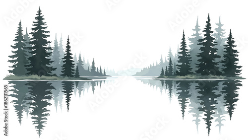 Modern vector watercolor-style forest wallpaper with pine trees reflected in calm lake, peaceful nature scenery background for wallpaper and interior decoration