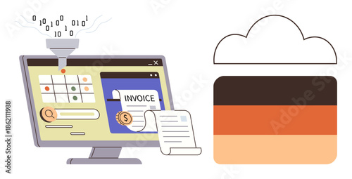 Computer screen displaying invoice handling, data funneling, and financial management elements next to a cloud icon. Ideal for finance, business automation, cloud storage, data management, workflow
