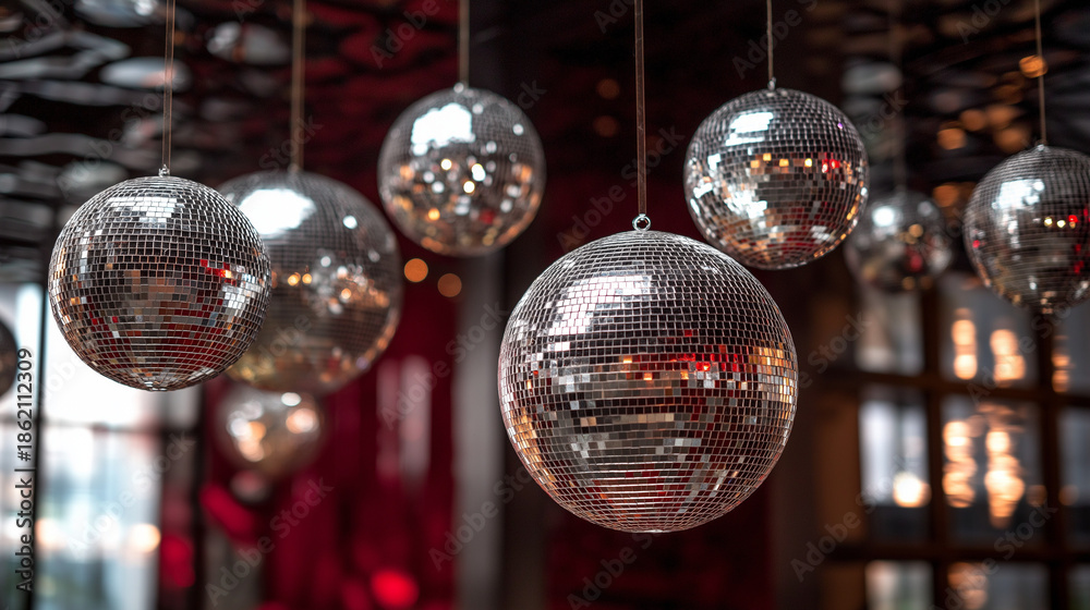 Obraz premium Modern Interior Design with Hanging Metallic Spheres in a Contemporary Architectural Space, Abstract Luxury Decor and Minimalist Design Concept