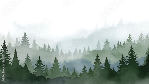 Modern vector watercolor-style nature wallpaper inspired by misty forest with layered tree shapes and open space, calming woodland background for decor and branding
