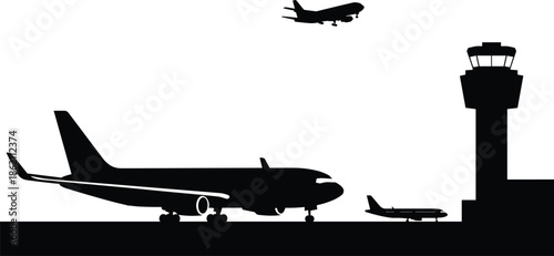 Airport airplane silhouettes with control tower, commercial aviation travel scene showing takeoff landing runway operations, transportation, logistics, air traffic illustration