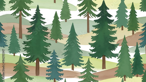 Modern vector watercolor-style seamless forest pattern with conifer trees and gentle slopes, clean minimal woodland nature background for interior and surface design