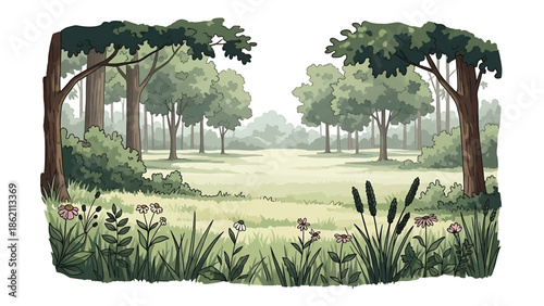 Modern vector watercolor-style nature wallpaper featuring forest clearing with grass and wild plants, open peaceful woodland background for wall decor and surfaces