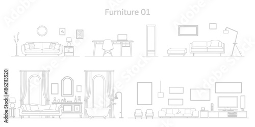 Architectural interior design elevation sketches, furniture layout collection for living room and bathroom floor plans