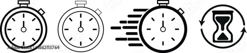 Time performance icons set including stopwatch, fast timer and hourglass rotation graphic for UI and productivity tools